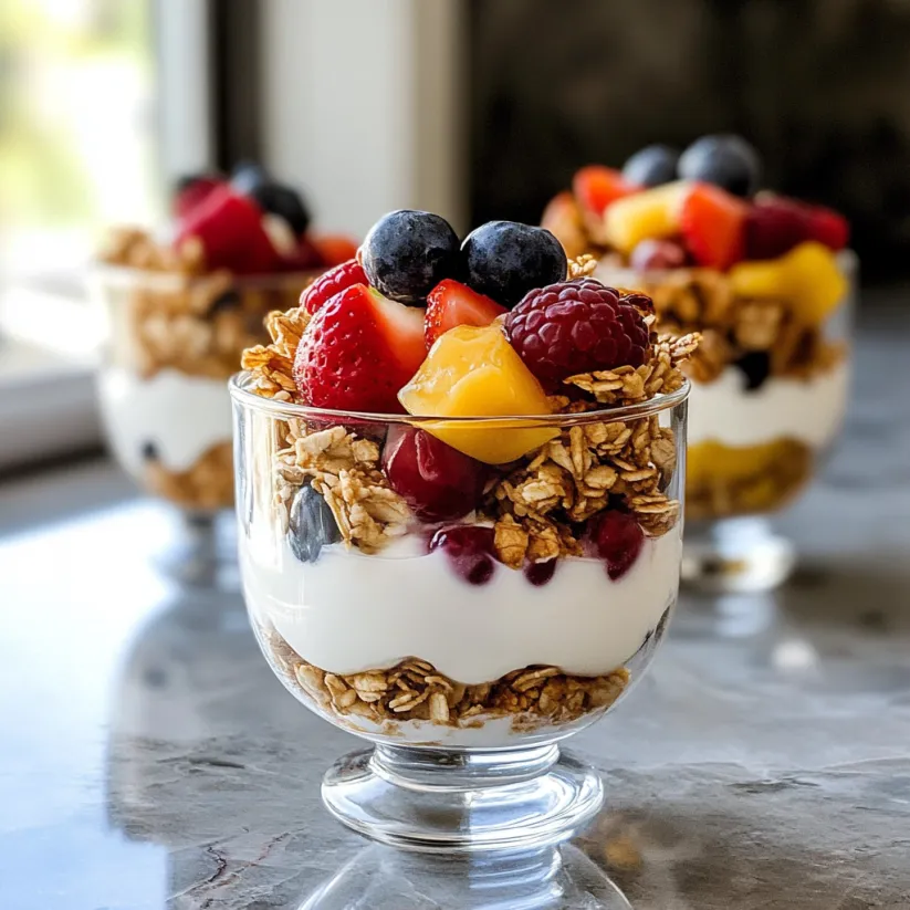 A glass of yogurt parfait with berries and granola.