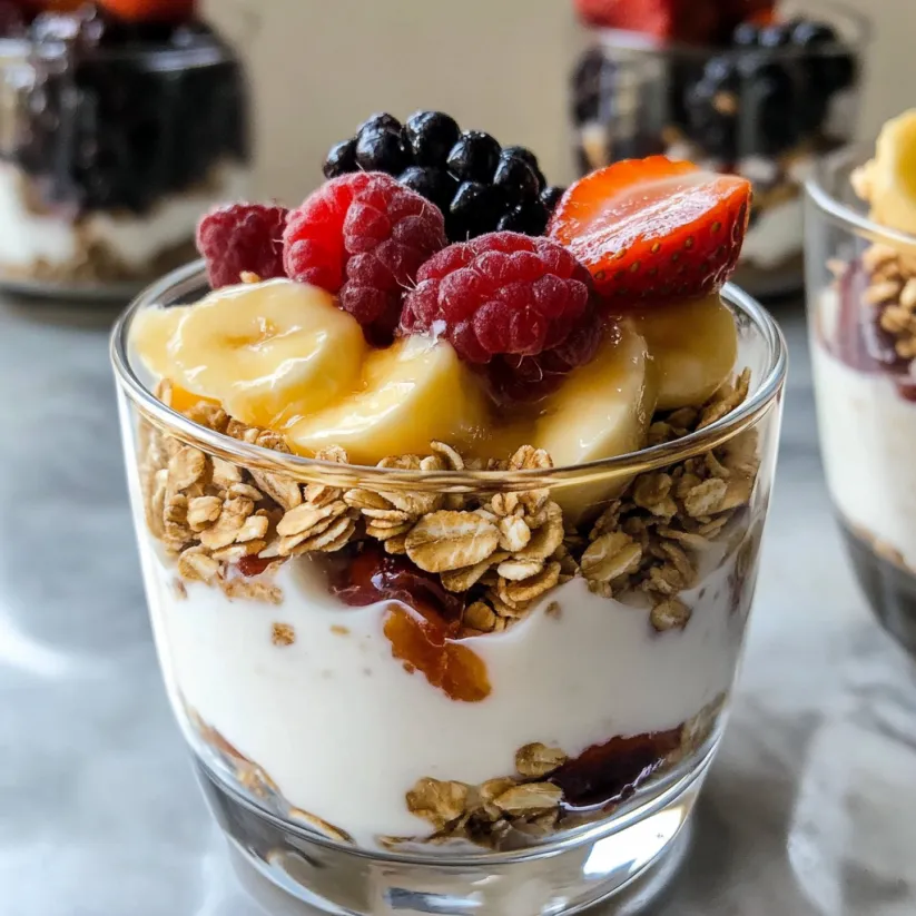 A glass of yogurt parfait with granola and fruit.