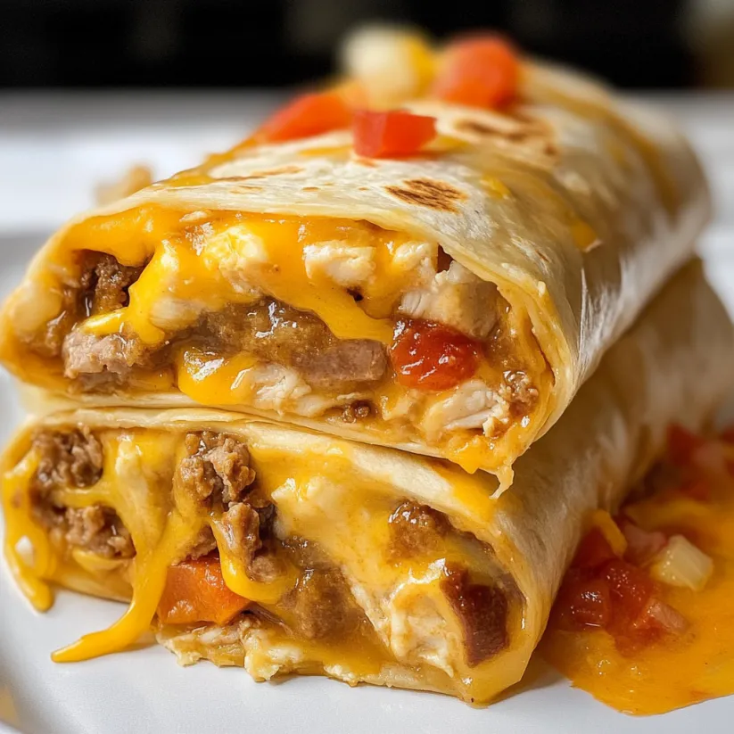 A breakfast burrito is shown with cheese and tomatoes.