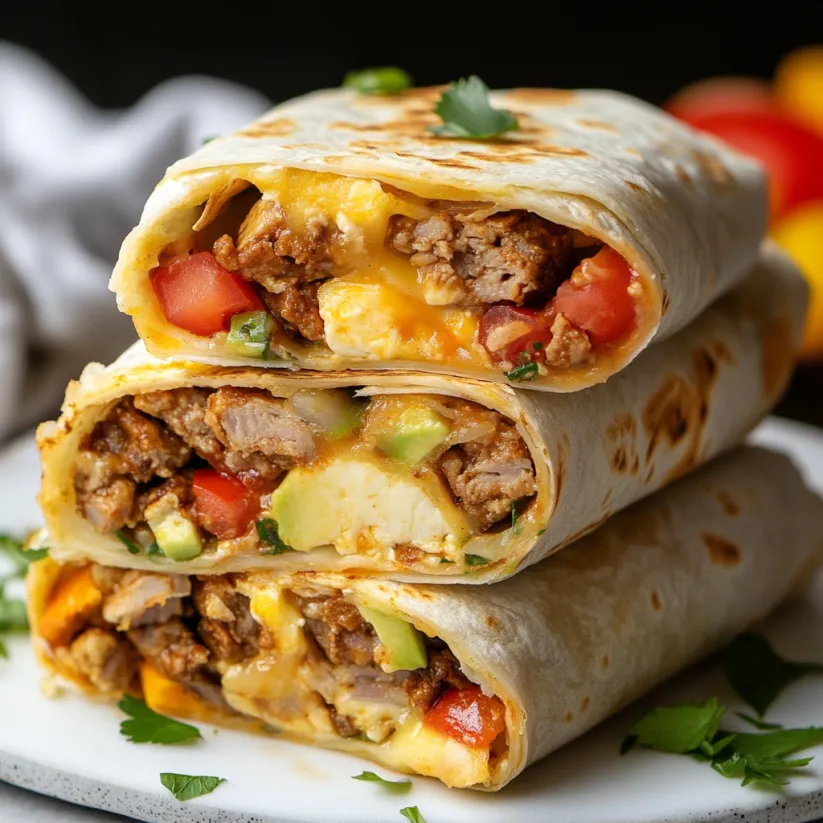 A breakfast burrito with meat, cheese, and tomatoes.