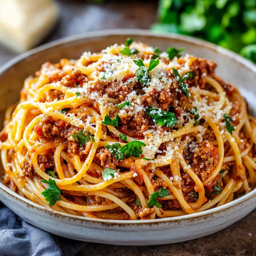 A bowl of spaghetti bolognese with cheese on top.