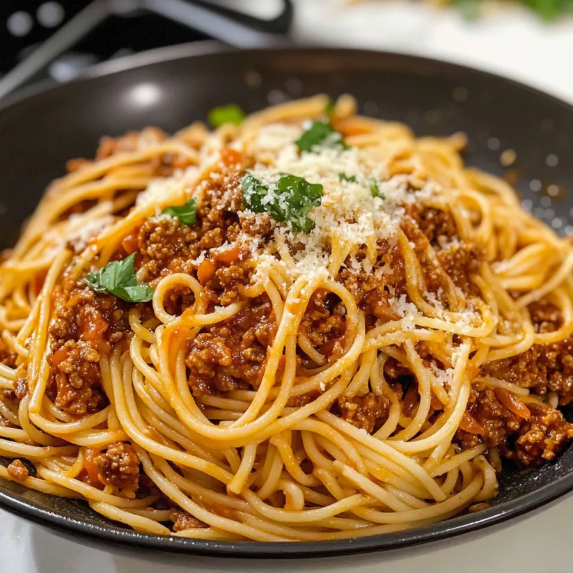 A bowl of spaghetti bolognese with cheese on top.
