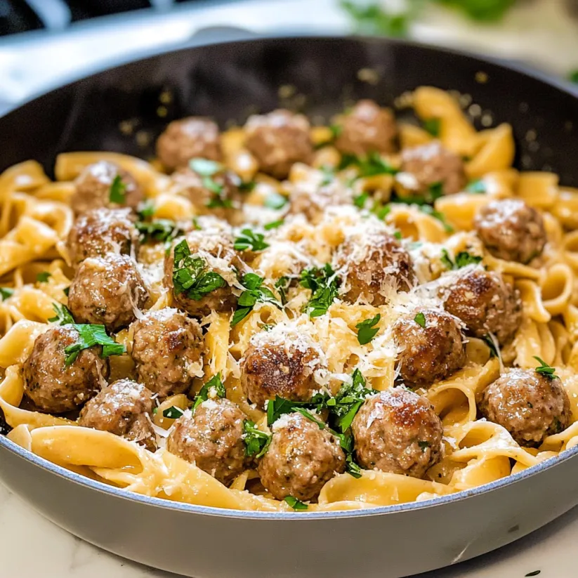 A bowl of Swedish meatballs and pasta.