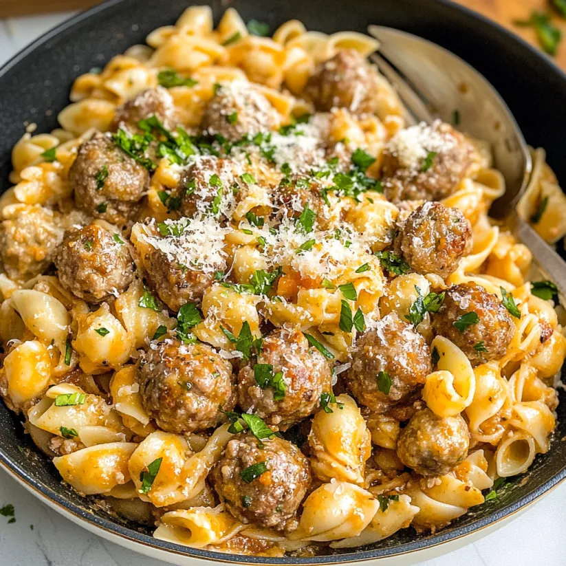 A bowl of Swedish meatballs and pasta.