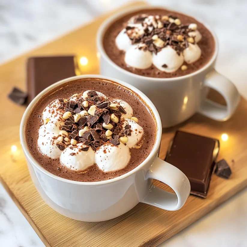 Two cups of hot chocolate with whipped cream and chocolate chips.