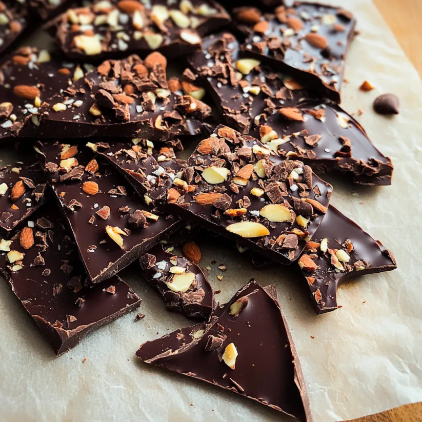 A close up of a chocolate bark with nuts.