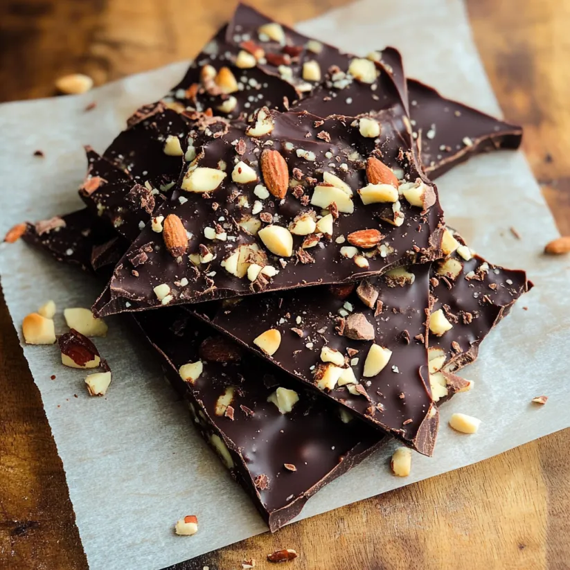 A close up of a chocolate bark with nuts.
