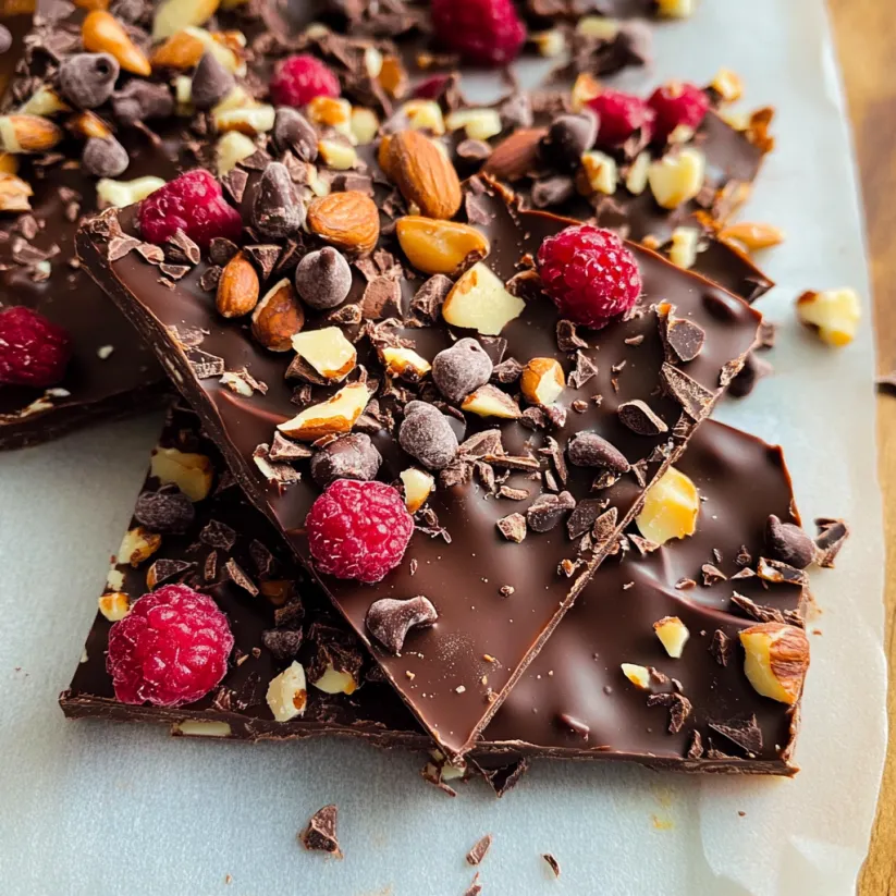 A close up of a chocolate bark with nuts and raspberries.