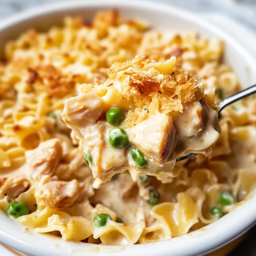 A bowl of tuna noodle casserole.