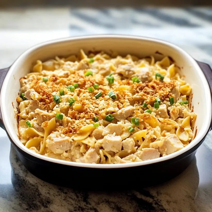 A dish of tuna noodle casserole.