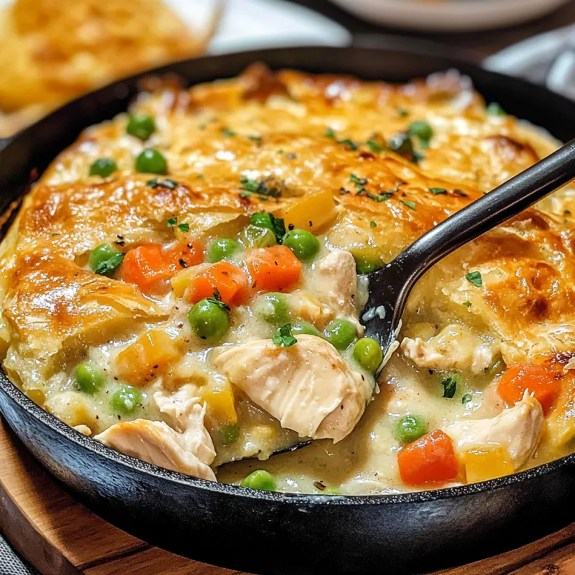 A skillet chicken pot pie with a fork in it.
