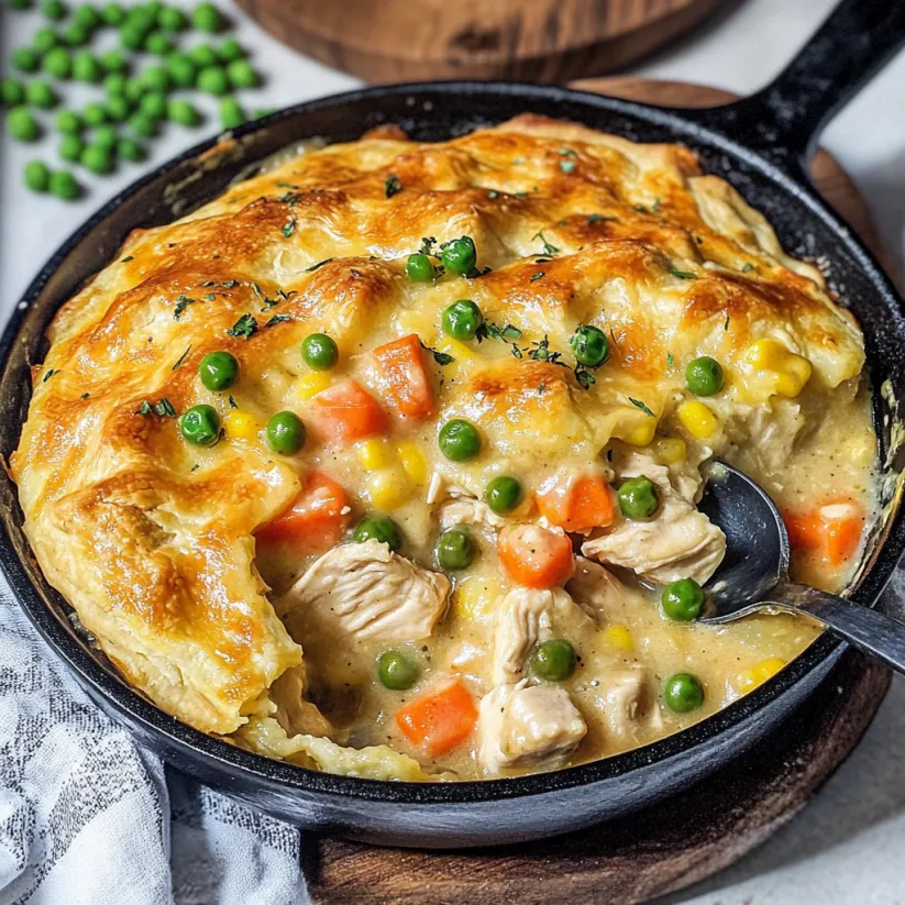 A skillet chicken pot pie with peas and carrots.