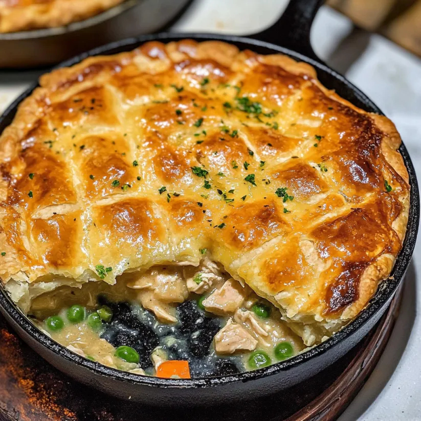 A skillet chicken pot pie with a slice cut out.