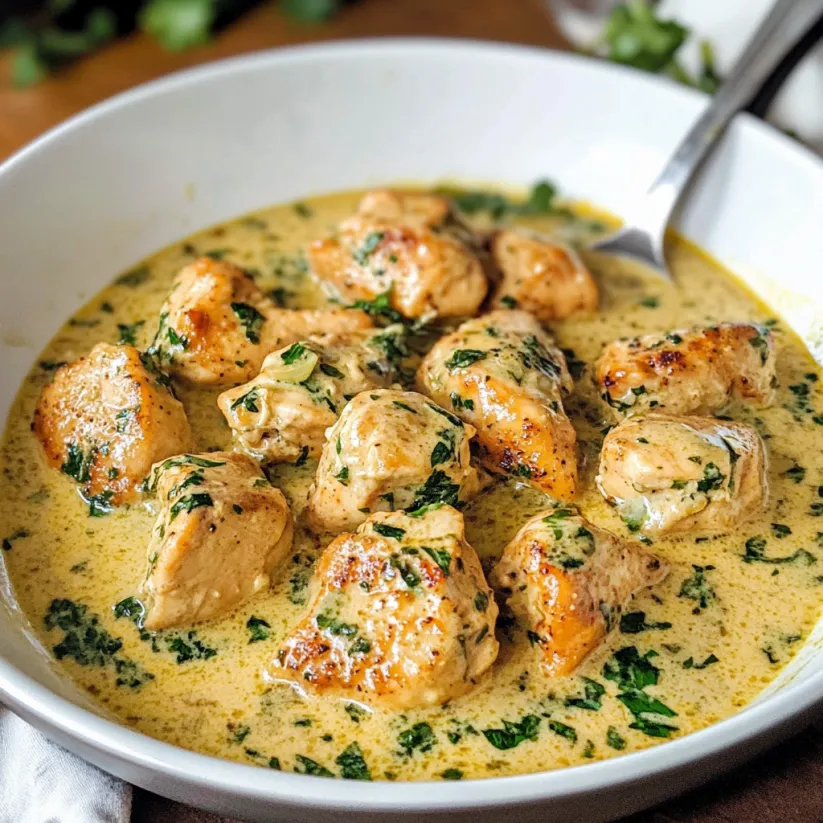 A bowl of creamy butter lemon chicken.