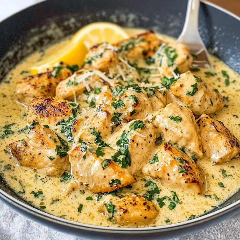 A bowl of creamy butter lemon chicken.