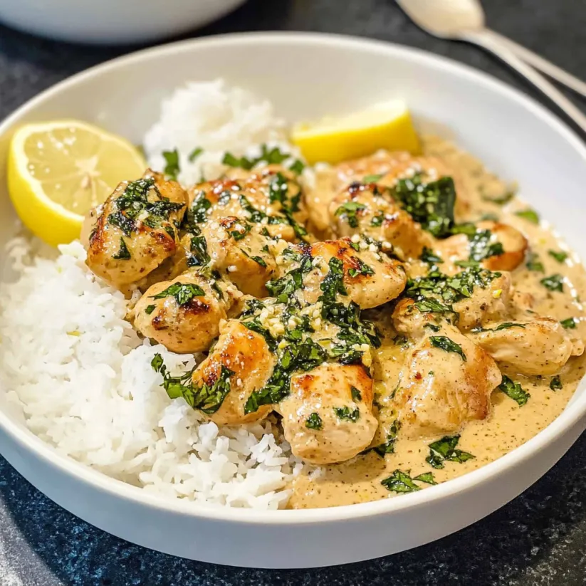 A bowl of creamy butter lemon chicken.