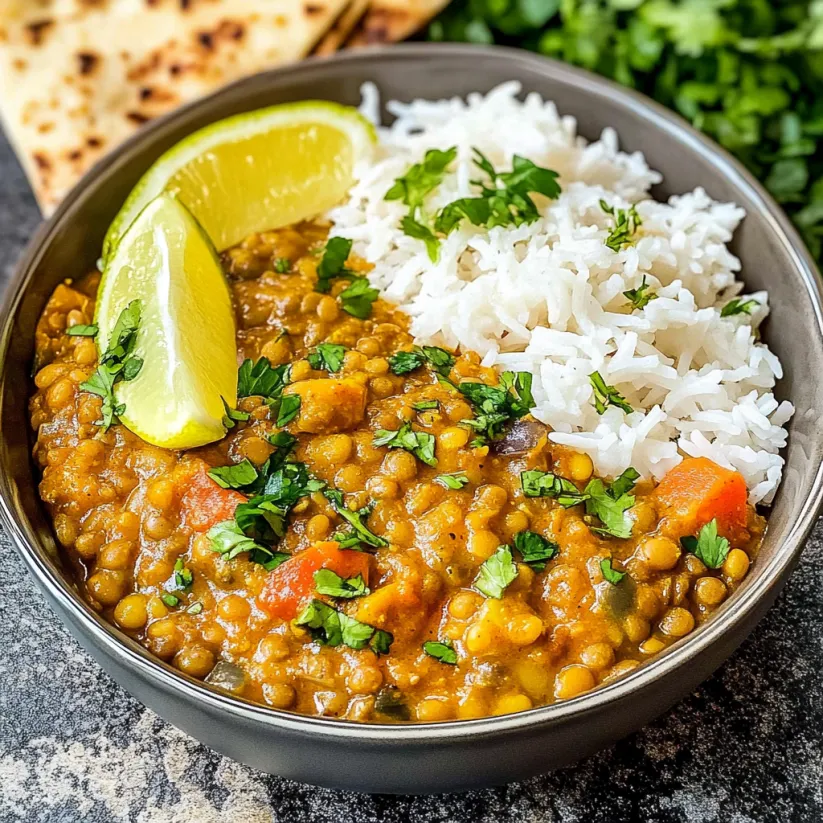 A bowl of Indian lentil curry with rice and lime wedges.
