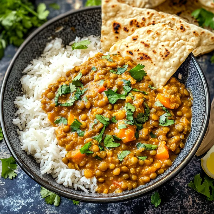 A bowl of Indian lentil curry with rice and a side of naan.