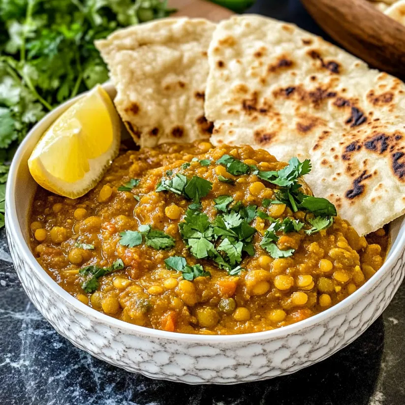 A bowl of Indian lentil curry with a lemon wedge on top.