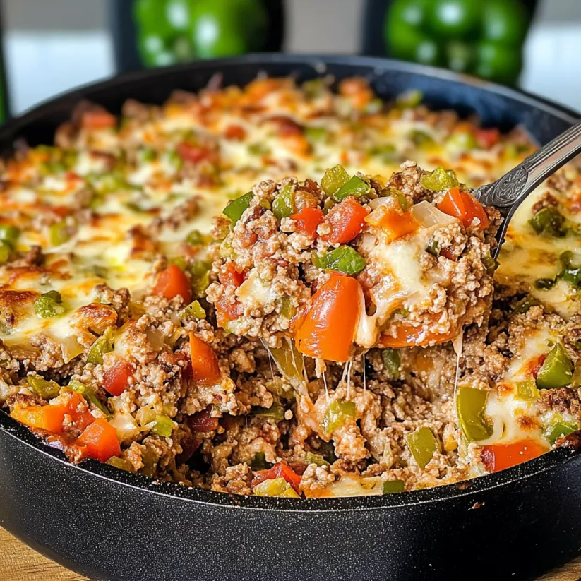 A close up of a deconstructed stuffed pepper casserole.