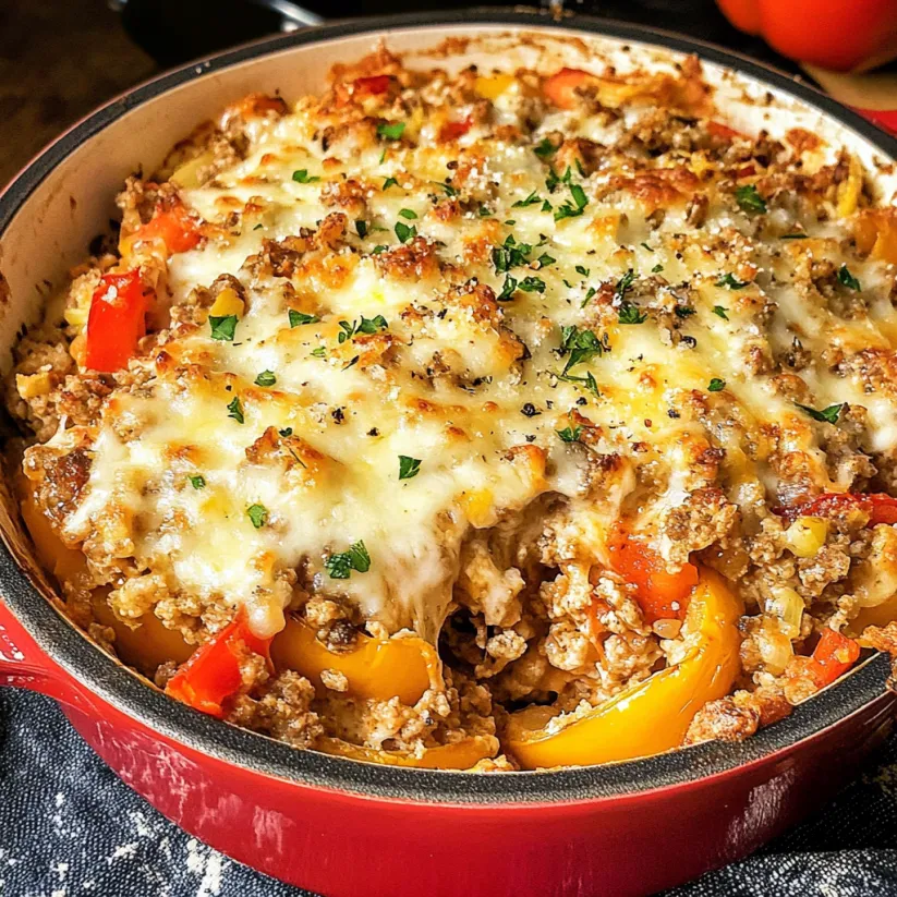 A close up of a red bowl filled with a deconstructed stuffed pepper casserole.