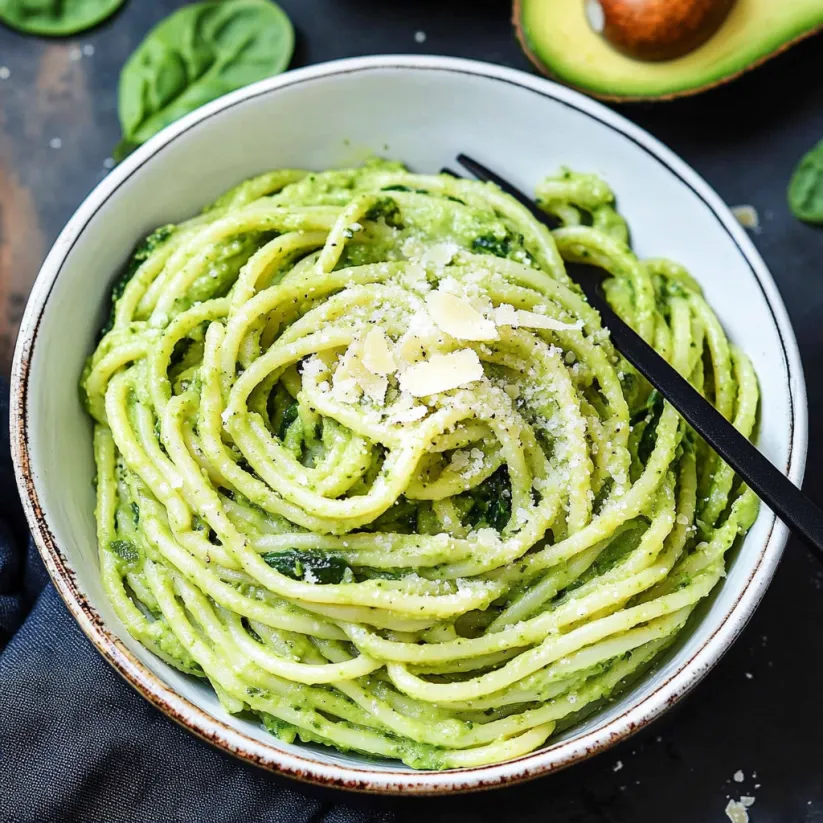 A bowl of creamy avocado spinach pasta.