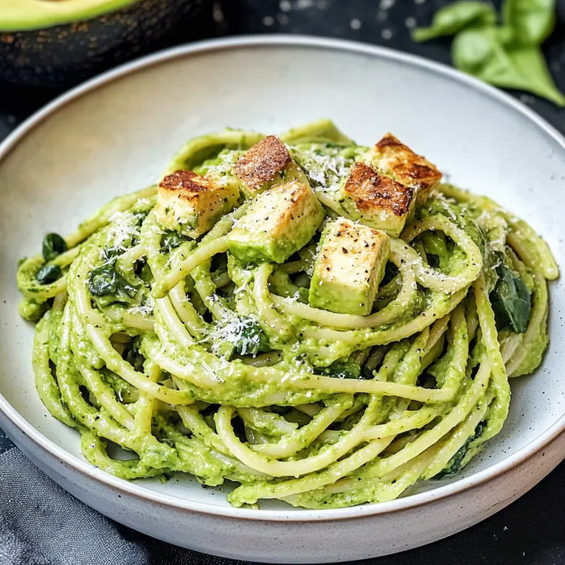 A bowl of creamy avocado spinach pasta.