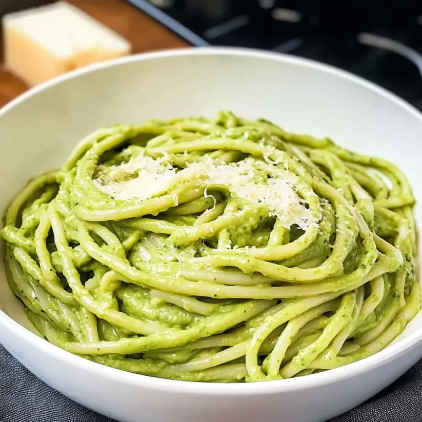 A bowl of creamy avocado spinach pasta.