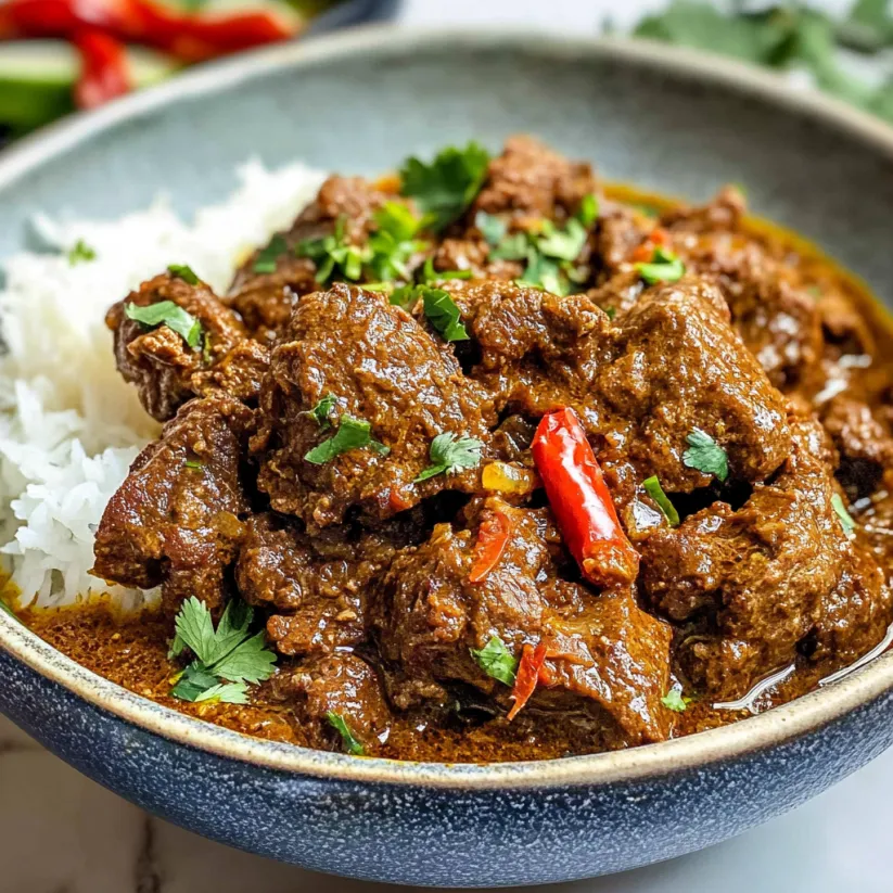 A bowl of beef rendang with rice and peppers.
