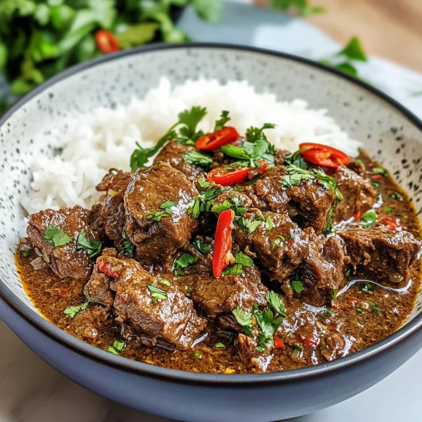 A bowl of beef rendang with rice and vegetables.