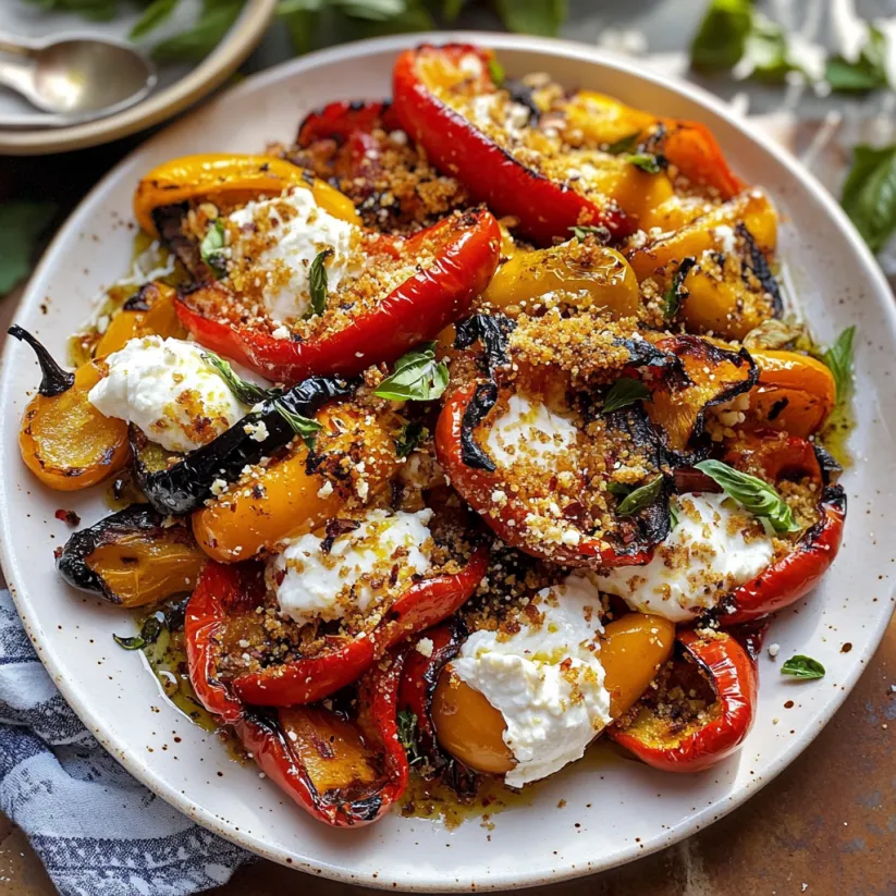 A plate of grilled marinated peppers with burrata and breadcrumbs.