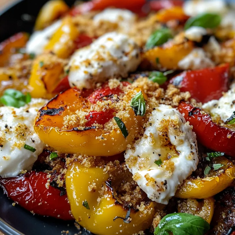 Grilled marinated peppers with burrata and breadcrumbs.