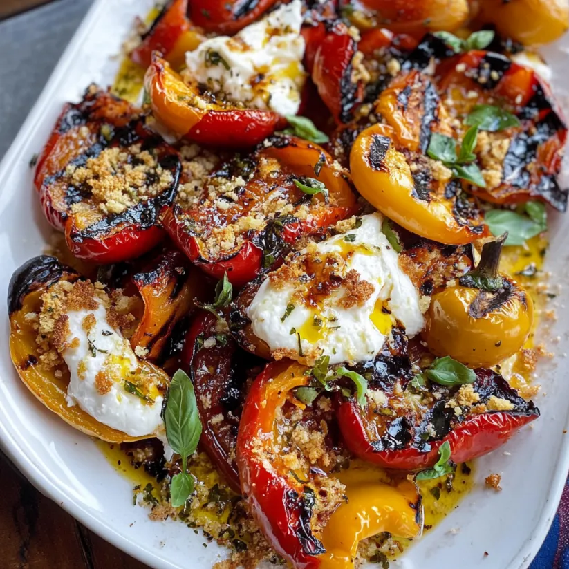 Grilled marinated peppers with burrata and breadcrumbs.