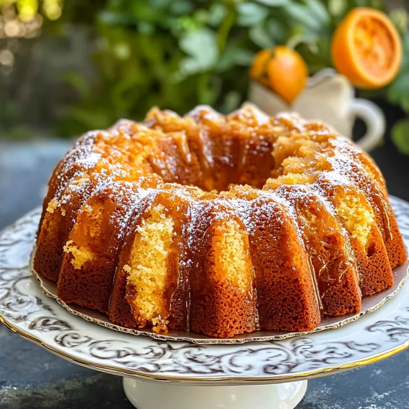 A rum cake with powdered sugar on top.