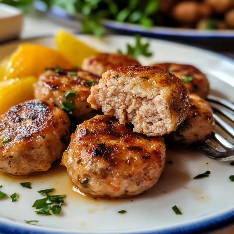 A plate of turkey sausage and a lemon.
