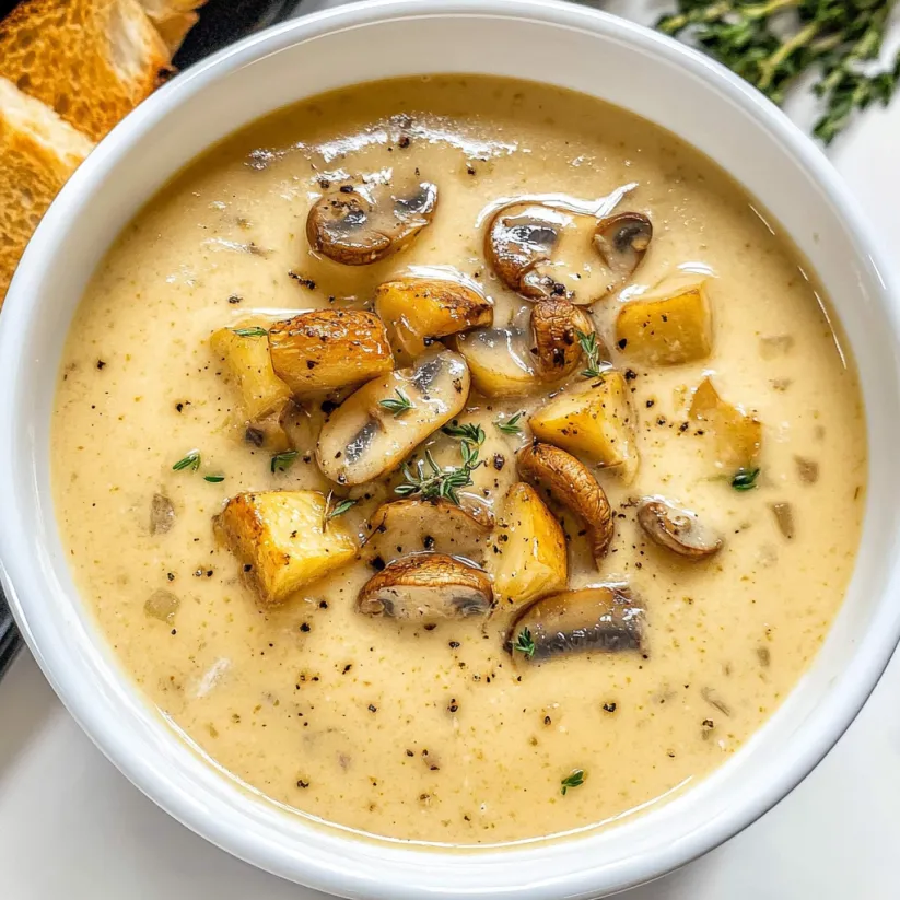 A bowl of cream of mushroom soup.