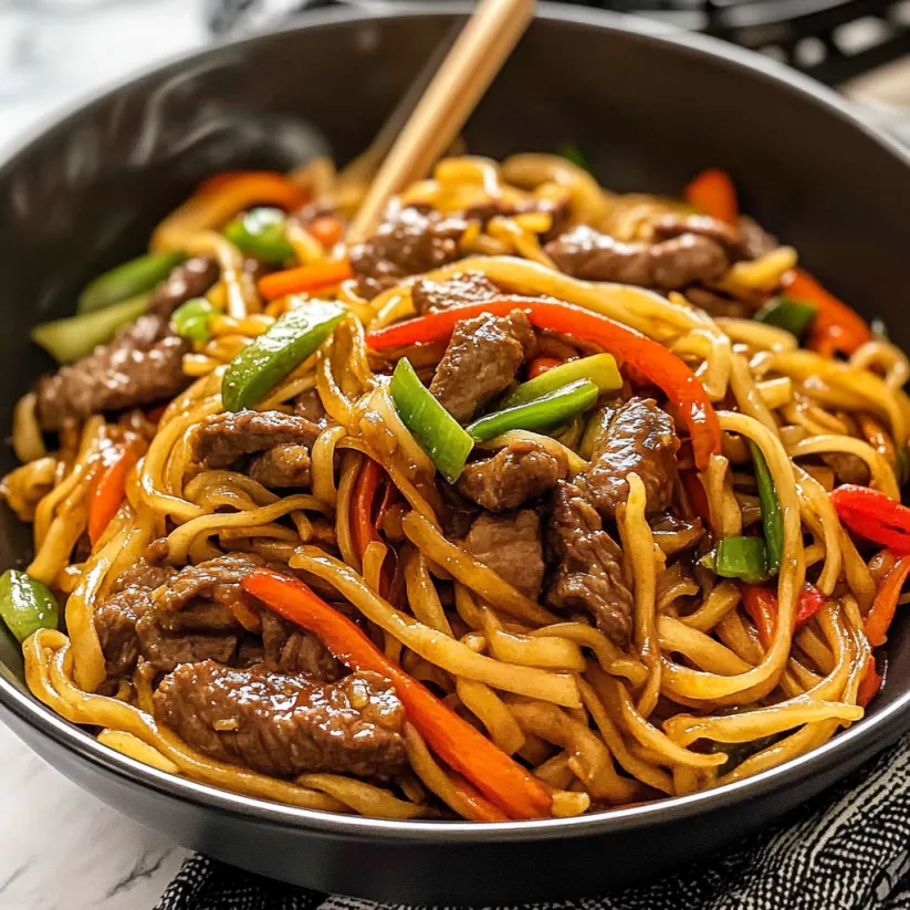 A bowl of beef lo mein noodles with vegetables.