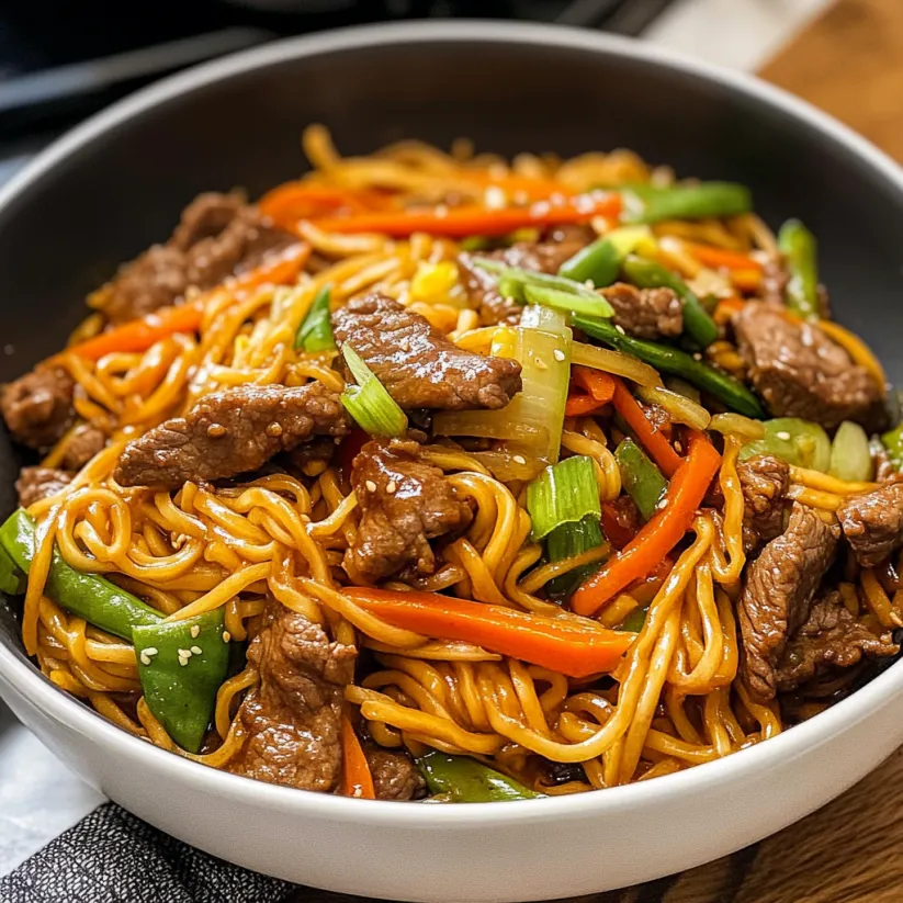 A bowl of beef lo mein noodles.