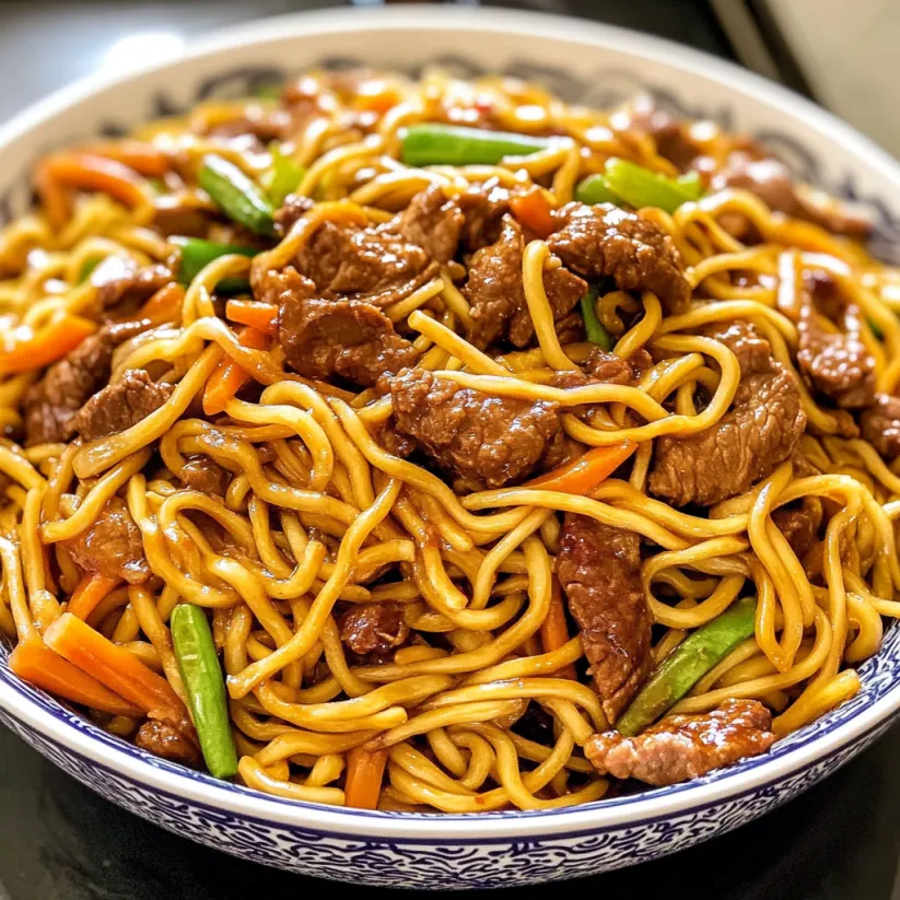 A bowl of beef lo mein noodles.
