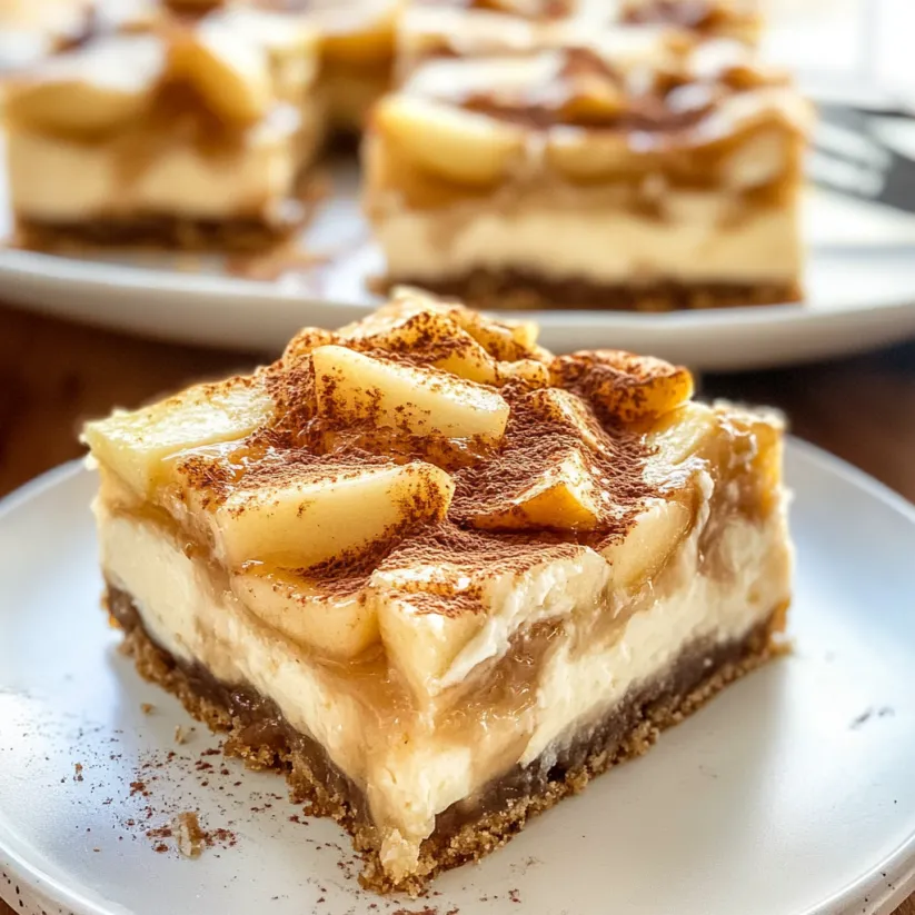 A slice of apple pie cheesecake bars.