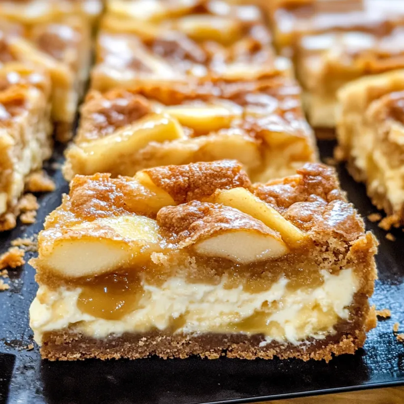 A slice of apple pie cheesecake bars.