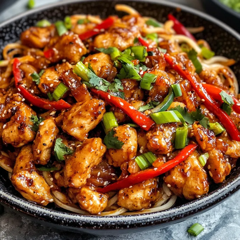 A bowl of Szechuan Chicken with peppers and onions.