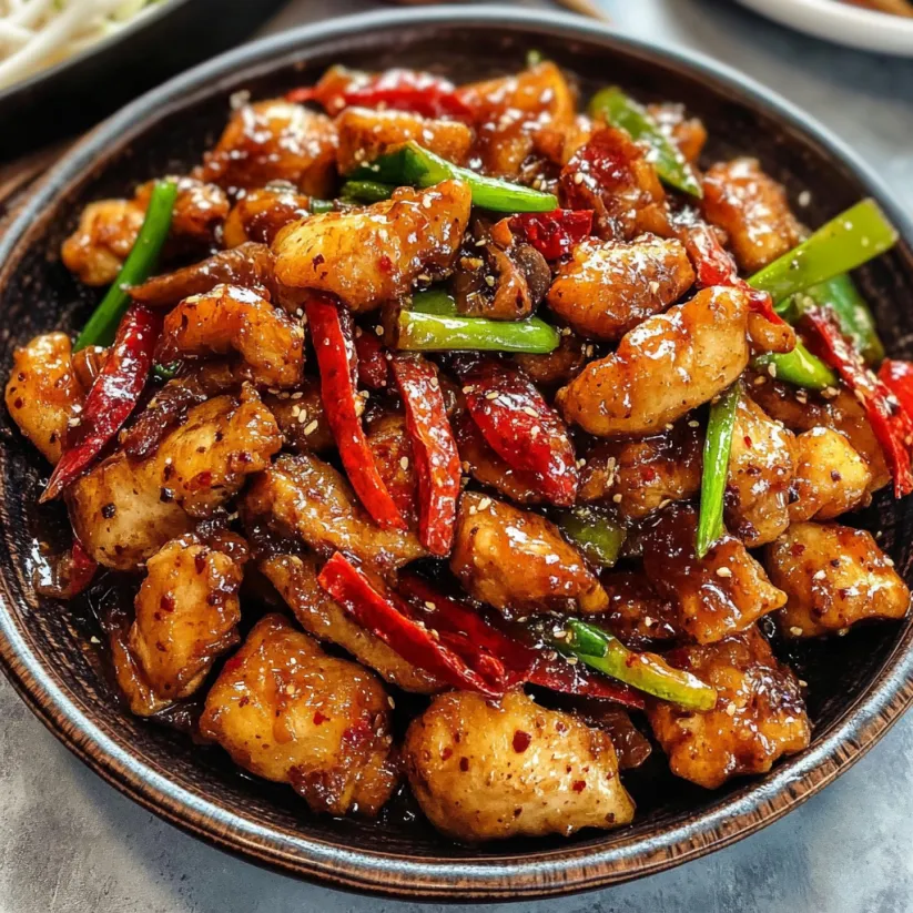 A bowl of Szechuan chicken with peppers and sauce.