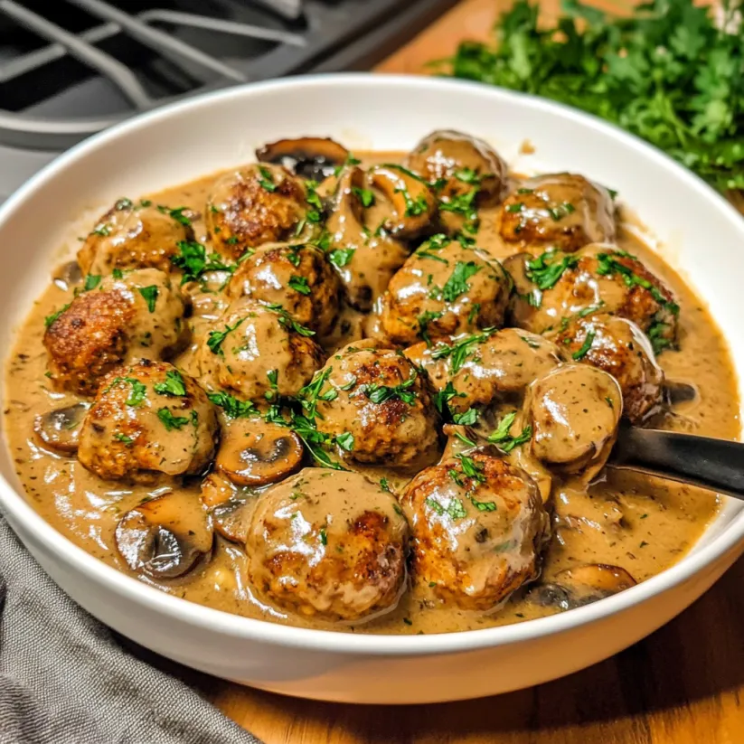 A bowl of meatballs with mushroom gravy.