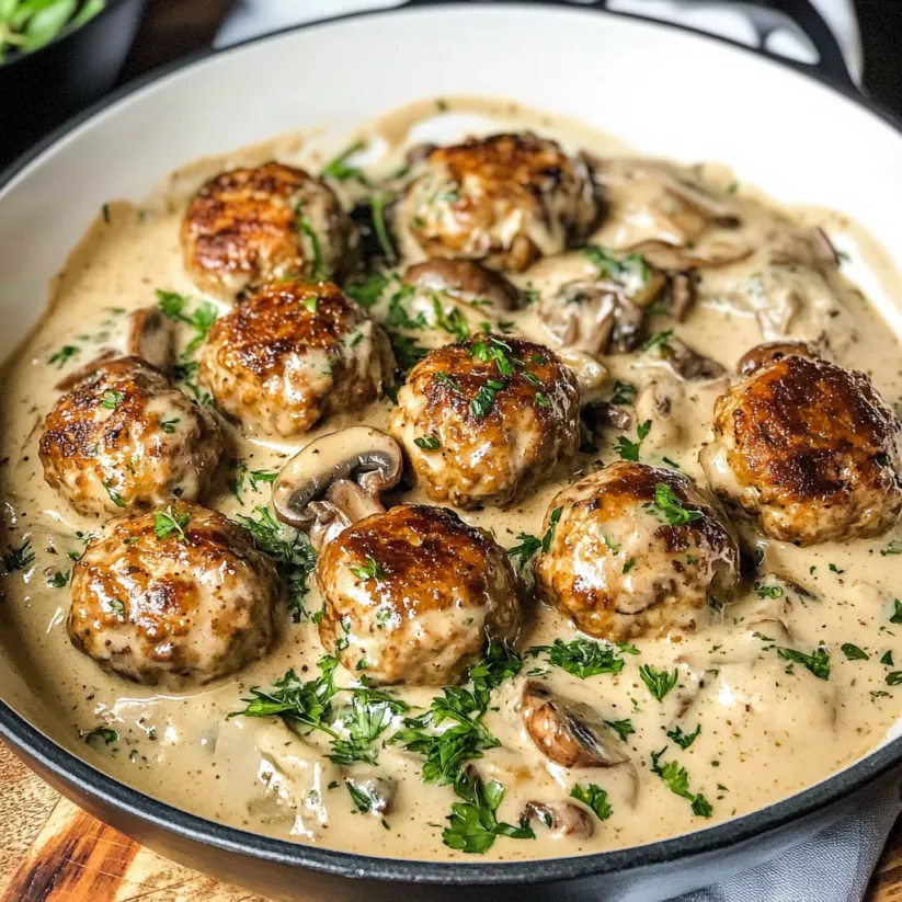A pan of meatballs covered in mushroom gravy.