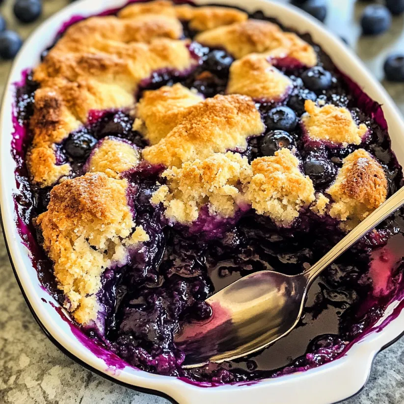 A bowl of blueberry cobbler with a spoon in it.