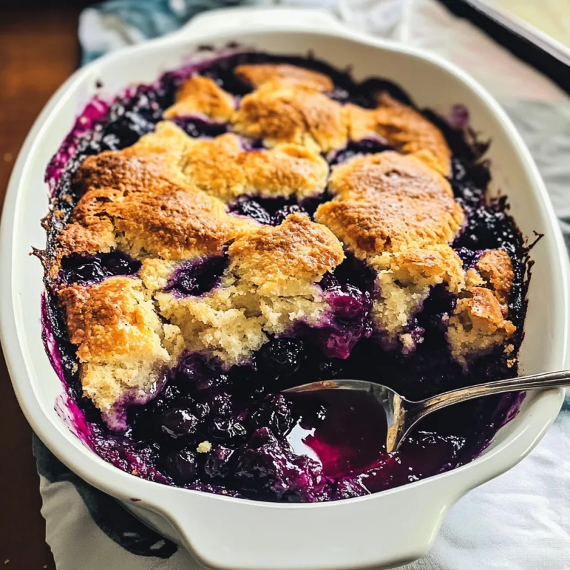 A white bowl filled with a blueberry cobbler dessert.