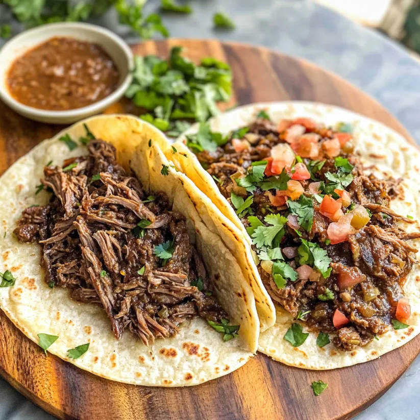 Two tacos with meat and vegetables.