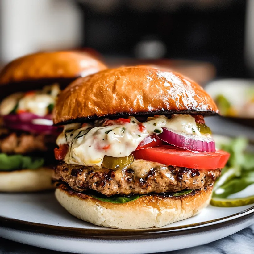 Two Italian turkey burgers with tomatoes, cheese, and peppers.