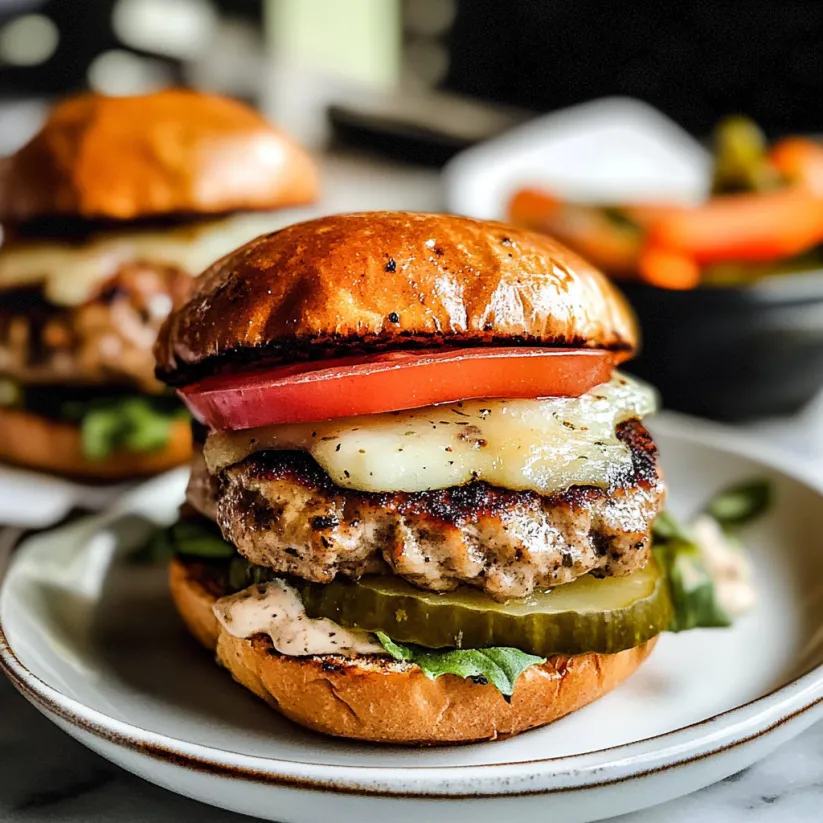Two Italian turkey burgers on a plate.